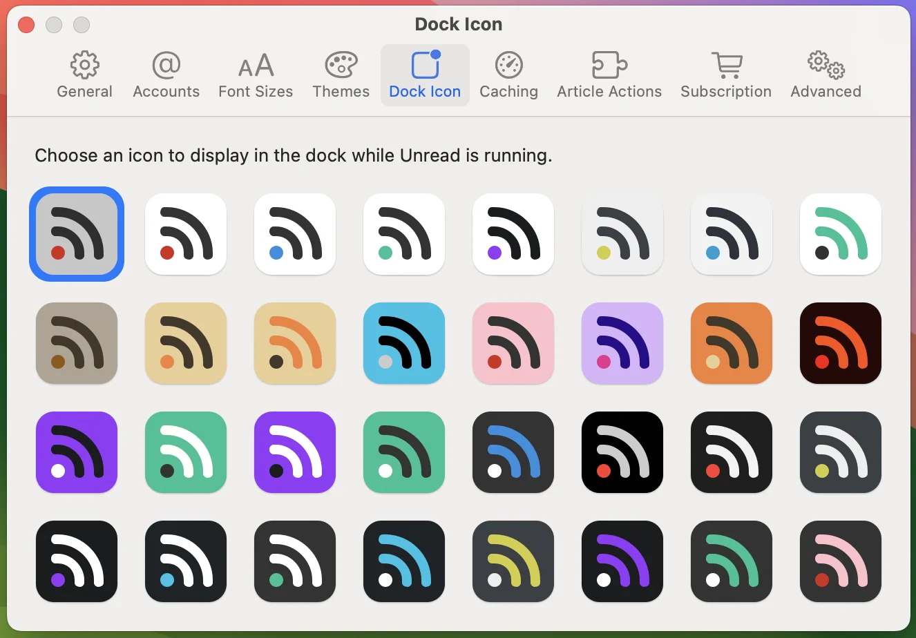 The Dock Icon Settings pane letting you choose between 32 variations of Unread’s dock icon.